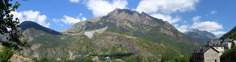 Panoramic view of the Vall de Boí, Lleida, Catalonia. Architectural ensemble Romanesque churches, a UNESCO World Heritage Site. Taull village.