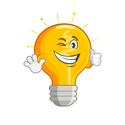 Shining yellow light bulb isolated on white background. Smiling lightbulb with funny emotion. Emoji on creative idea, inspiration symbol.Decoration for greeting cards, prints, badges, posters.Vector.