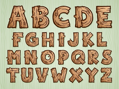 A full scalable vector illustrated alphabet made of wooden planks, stick, branches and cut logs of wood against a wooden background