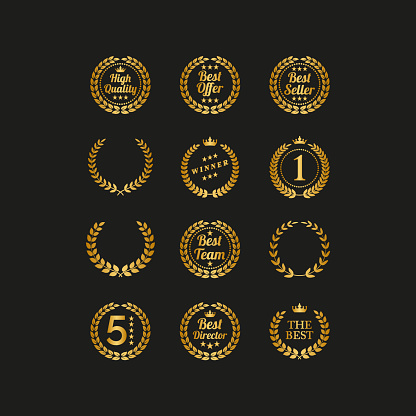 Set of golden laurel wreaths on black background. Vector Illustration