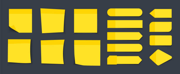 istock Collection of different blank stickers. Post note stickers. Sticky tapes with space for text or message. Different sheets of note papers with curled corner. Sticky paper note with tape and shadow 1212405973
