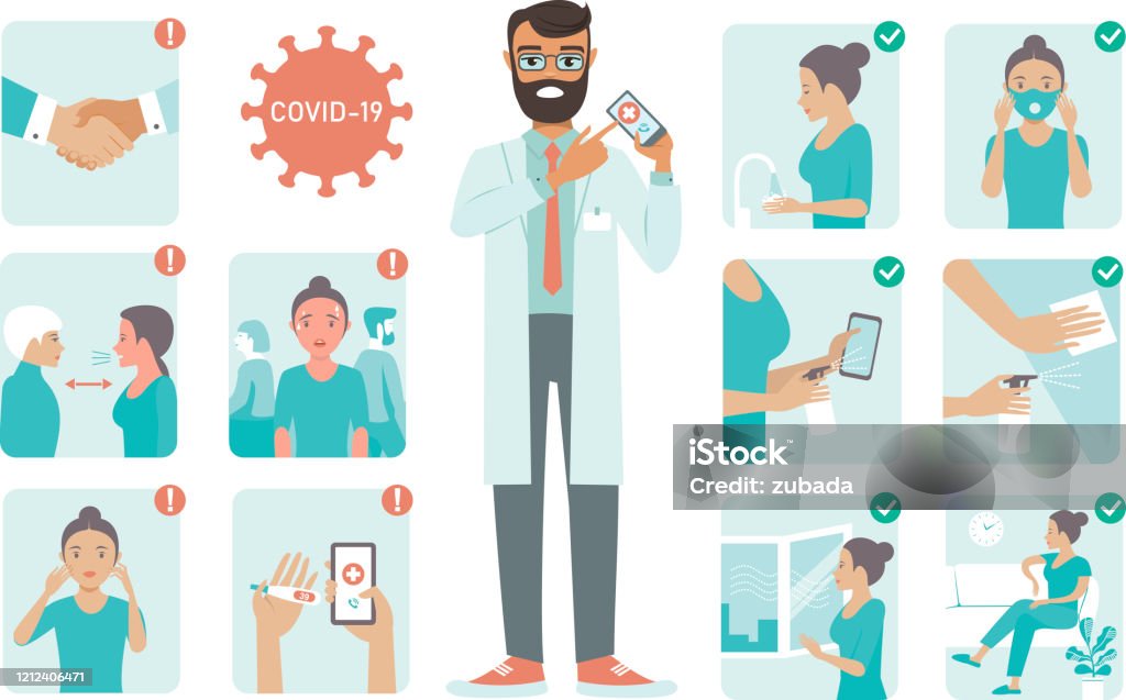 covid-19 virus protection tips. Doctor character pointing on phone screen. Coronovirus alert. covid-19 virus protection tips. Doctor character pointing on phone screen. Coronovirus alert.  Set of flat vector illustration Protection stock vector