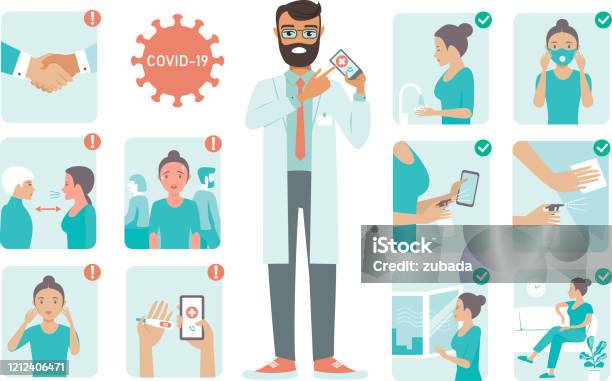 Covid19 Virus Protection Tips Doctor Character Pointing On Phone Screen Coronovirus Alert Stock Illustration - Download Image Now