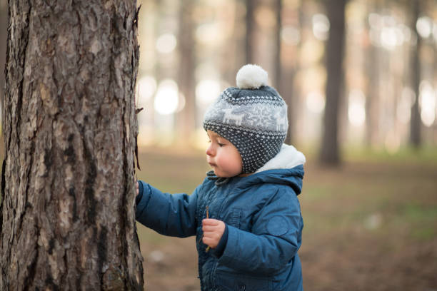 istock Cute baby boy playing outside in a forest 1212406493