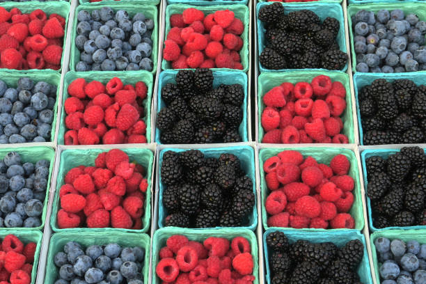 istock Berries in containers for sale at a farmers' market 1212407708