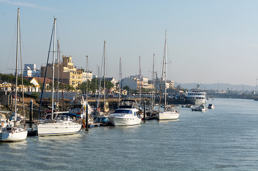 September 2, 2019, El Puerto de Santa Maria, Andalusia, Spain, river harbor with boats in sherry triangle town, travel destination