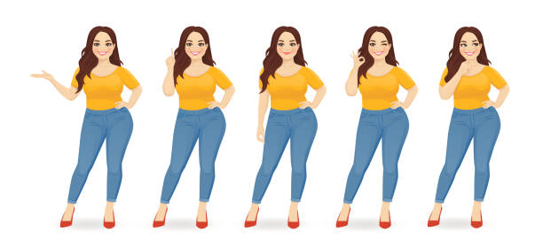 Young big woman Young happy beautiful plus size woman wearing jeans in different poses isolated vector illustration cartoon characters with big heads stock illustrations