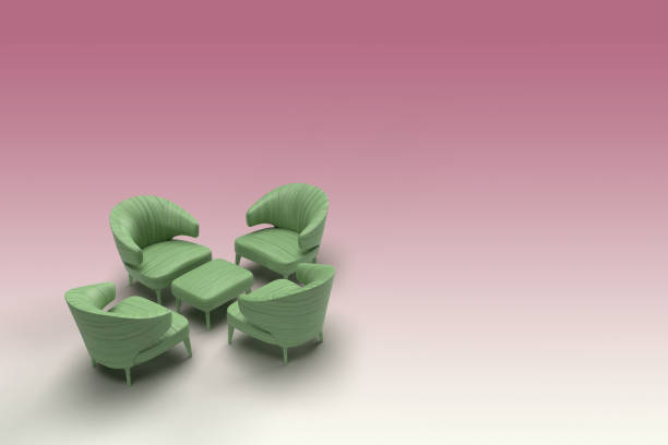 istock 3d render of green leather coated single sofa facing each other with center table in pink gradient background. Meeting concept with space for text. 1212416096