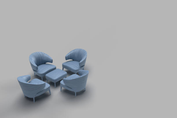 istock 3d render of blue leather coated single sofa facing each other with center table in grey background. Meeting concept with space for text. 1212416963
