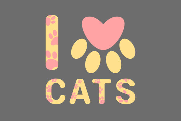 ilustraciones, imágenes clip art, dibujos animados e iconos de stock de aislado me encanta los gatos texto amarillo con rosa perro o gato pata impresiones. tipografía con huella animal. - letter i love heart shape animal heart