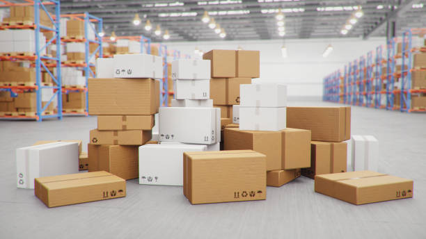 istock 3D Illustration packages delivery, parcels transportation system concept, heap of cardboard boxes in middle of the warehouse. Warehouse with cardboard boxes inside on pallets racks. Huge warehouse. 1212420561
