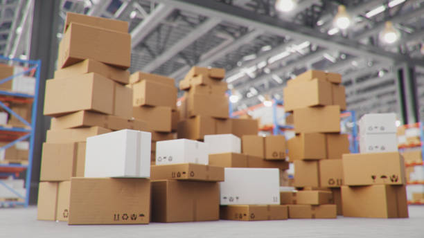 istock 3D Illustration packages delivery, parcels transportation system concept, heap of cardboard boxes in middle of the warehouse. Warehouse with cardboard boxes inside on pallets racks. Huge warehouse. 1212420565