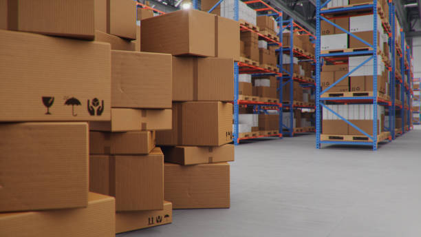 istock 3D Illustration packages delivery, parcels transportation system concept, heap of cardboard boxes in middle of the warehouse. Warehouse with cardboard boxes inside on pallets racks. Huge warehouse. 1212420578