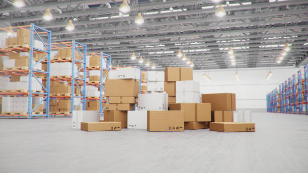 istock 3D Illustration packages delivery, parcels transportation system concept, heap of cardboard boxes in middle of the warehouse. Warehouse with cardboard boxes inside on pallets racks. Huge warehouse. 1212420579