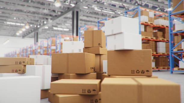 istock 3D Illustration packages delivery, parcels transportation system concept, heap of cardboard boxes in middle of the warehouse. Warehouse with cardboard boxes inside on pallets racks. Huge warehouse. 1212420581
