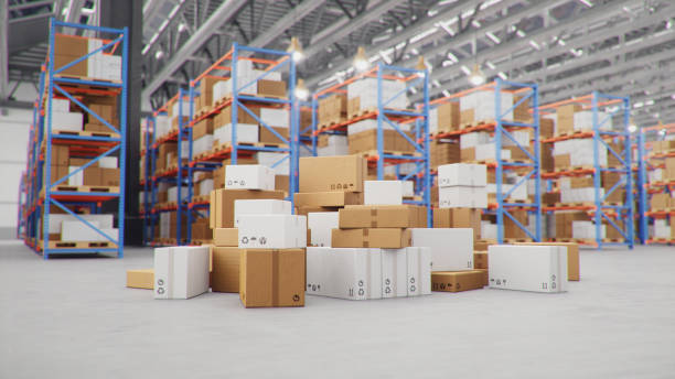 istock 3D Illustration packages delivery, parcels transportation system concept, heap of cardboard boxes in middle of the warehouse. Warehouse with cardboard boxes inside on pallets racks. Huge warehouse. 1212420583