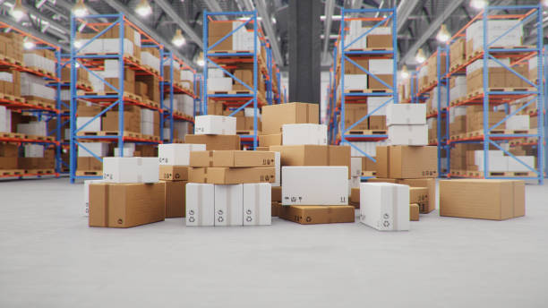 istock 3D Illustration packages delivery, parcels transportation system concept, heap of cardboard boxes in middle of the warehouse. Warehouse with cardboard boxes inside on pallets racks. Huge warehouse. 1212420588