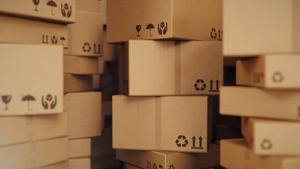 istock Background of cardboard boxes inside warehouse, logistic center. Warehouse filled with cardboard boxes. Mess in the warehouse, 3D illustration 1212420601