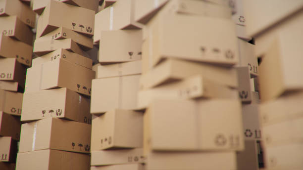 istock Background of cardboard boxes inside warehouse, logistic center. Warehouse filled with cardboard boxes. Mess in the warehouse, 3D illustration 1212420602