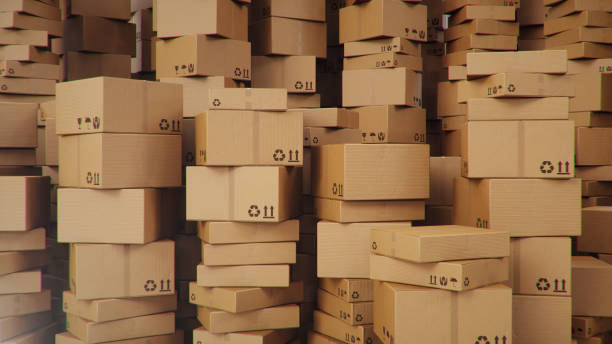 istock Background of cardboard boxes inside warehouse, logistic center. Warehouse filled with cardboard boxes. Mess in the warehouse, 3D illustration 1212420603