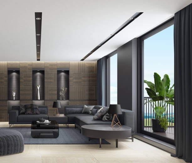istock Luxurious apartment with black design living room interior 1212422164