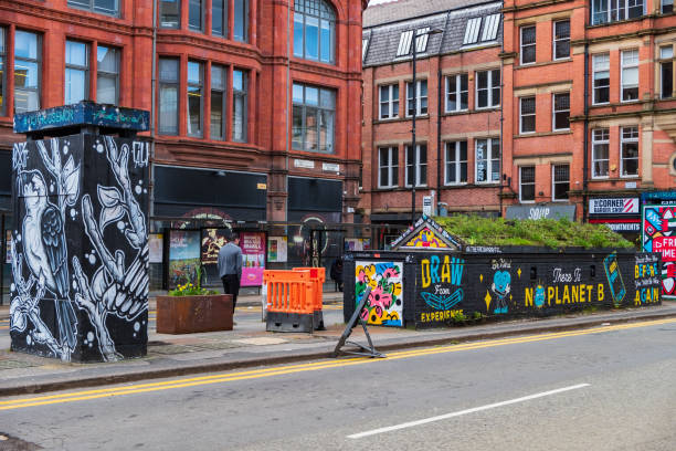 View of OUT HOUSE, a new outdoor space for public street art in Stevenson Square in the Northern Quarter of Manchester, UK Manchester, United Kingdom - March 1, 2020: View of OUT HOUSE, a new outdoor space for public street art in Stevenson Square in the Northern Quarter of Manchester, UK quarter stock pictures, royalty-free photos & images
