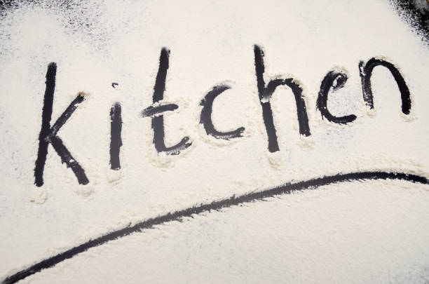 istock words Kitchen written on a black background with flour. Inscription. 1212425860