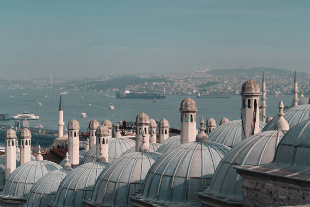 Cloudy Istanbul view from Suleymaniye Mosque seeing Galata Tower and Bosphorus stock photo