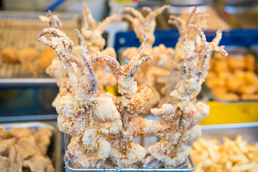 Squid tentacle, Malaysia skewer snacks at Jalan Alor local street food stall in Kuala Lumpur
.