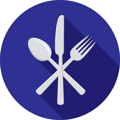 Vector illustration of a crossed fork, knife, and spoon against a blue background in flat style.
