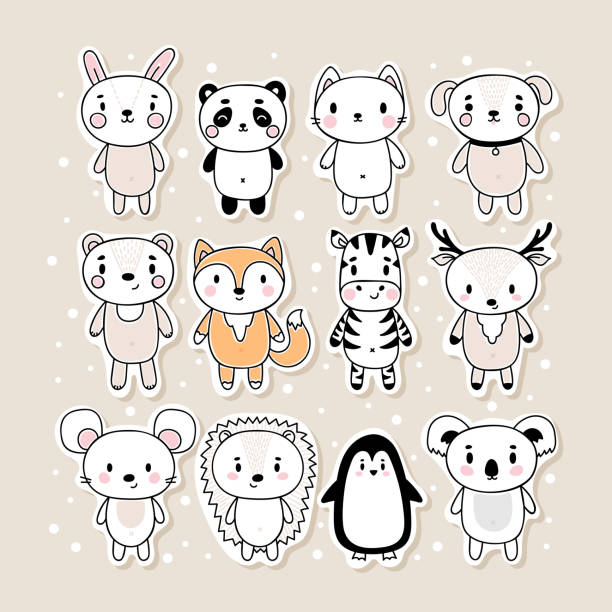 ilustrações de stock, clip art, desenhos animados e ícones de set of cute hand drawn stickers with animals. funny cartoon characters. bunny, panda, cat, dog, bear, fox, zebra, deer, mouse, hedgehog, penguin, koala - marsupial