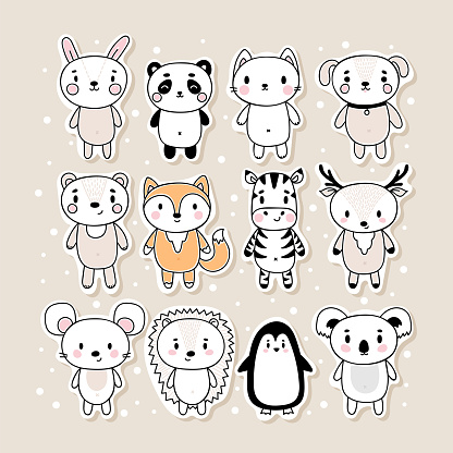 Set of cute hand drawn stickers with animals. Funny cartoon characters. Bunny, panda, cat, dog, bear, fox, zebra, deer, mouse, hedgehog, penguin, koala. Vector illustration