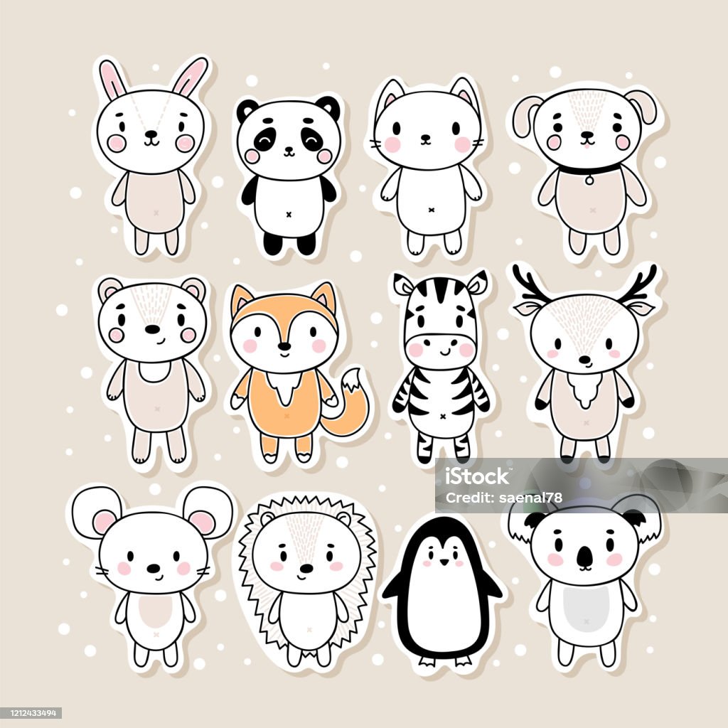 Set Of Cute Hand Drawn Stickers With Animals Funny Cartoon Characters Bunny  Panda Cat Dog Bear Fox Zebra Deer Mouse Hedgehog Penguin Koala Stock  Illustration - Download Image Now - iStock