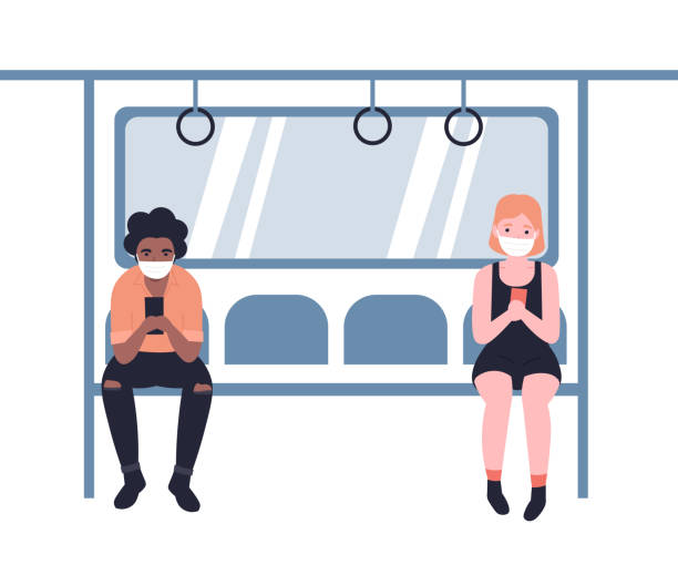 people in masks ride the subway and use phones People in masks ride the subway, metro, bus, train. Male and female characters in public transport. Flat vector cartoon design illustration. Ncov, covid 2019, Coronovirus concept. bus livery stock illustrations