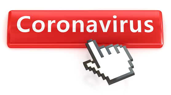 Coronavirus. Red push button with click hand cursor isolated on the white background. Web design icon sets.