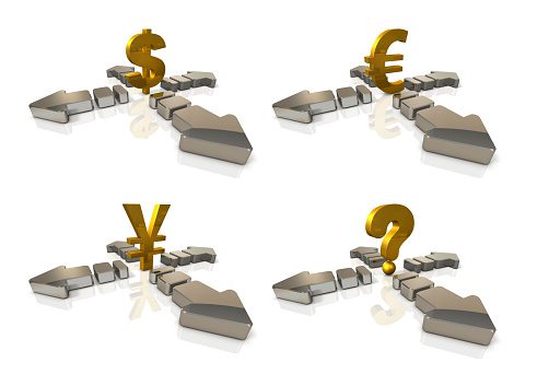 A large currency symbol and an arrow extending in four directions. It implies the difficulty to predict. 3D illustration