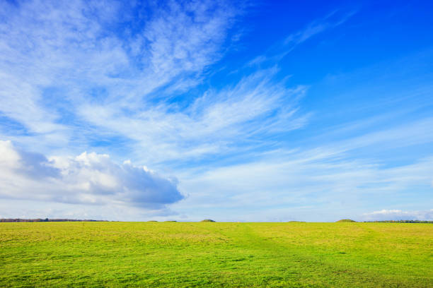 Landscape with barrows Amesbury Wiltshire England UK Landscape with burial mounds or tumuli at Stonehenge near Amesbury, Wiltshire, England, UK on a sunny day, a Unesco World Heritage Site. burial mound photos stock pictures, royalty-free photos & images