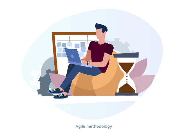 Worker is programming on a laptop. The programmer performs the task Worker is programming on a laptop. The programmer performs the task. Deadline Project development according to such methodologies as Kanban, Scrum and others. Project release. Illustration in a flat style. Editable objects. project manager stock illustrations