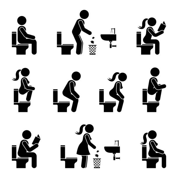 Toilet icon stick figure man and woman symbol silhouette pictogram vector illustration set. Sitting, peeing, reading, throwing paper to trash bin signs on white background Toilet icon stick figure man and woman symbol silhouette pictogram vector illustration set. Sitting, peeing, reading, throwing paper to trash bin signs on white background bathroom clipart stock illustrations