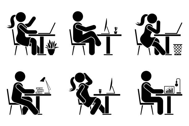 Sitting at desk office stick figure business man and woman side view poses pictogram vector icon set. Male and female silhouette seated on chair, computer, lamp, laptop sign on white background Sitting at desk office stick figure business man and woman side view poses pictogram vector icon set. Male and female silhouette seated on chair, computer, lamp, laptop sign on white background desk clipart stock illustrations
