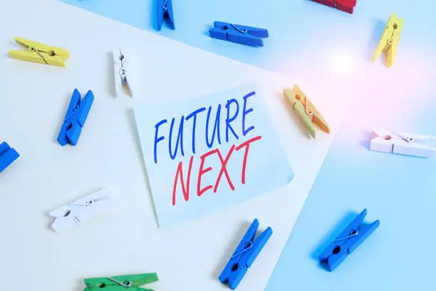 Text sign showing Futuro Next. Business photo showcasing Set of mental process Huanalysis mind workflow Unique icons Colored clothespin paper empty reminder yellow blue floor background office