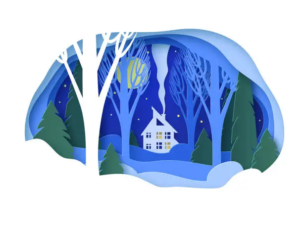 Vector illustration of Winter paper landscape with house. Snowy forest with trees without leaves and fir trees. Snowdrifts, snow, moonlit night, stars in the sky. Glade. Vector