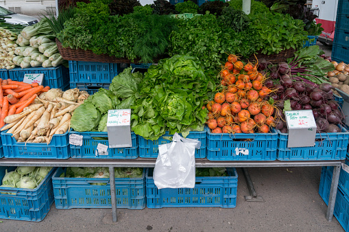 Prague, Czech Republic - May 25, 2018: Farmers market stallwith fresh produce at Jiriho z Podebrad suburb of Prague