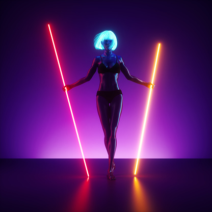 3d render, virtual female model posing, standing on the stage holding neon light glowing lines. Futuristic pole dance performance at night club. Slim young woman in blue wig. Realistic mannequin doll.