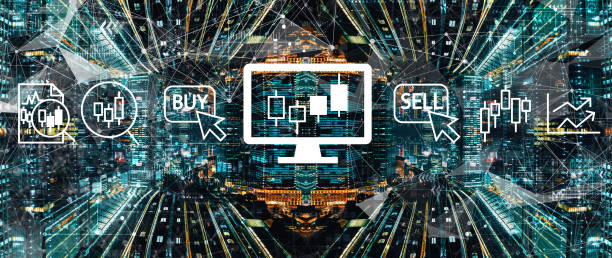 istock Stock trading theme with abstract night cityscape 1212446119