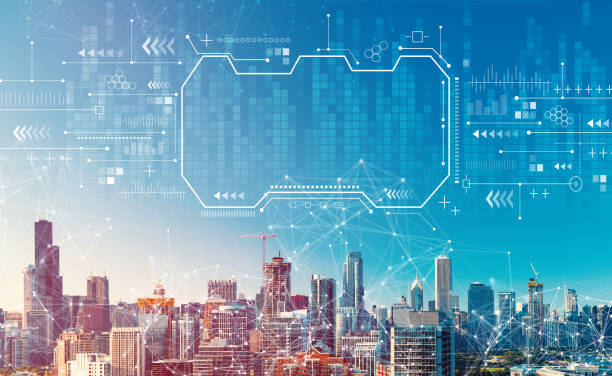 istock Technology screen with downtown Chicago cityscape 1212446131