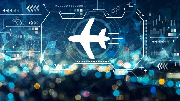 istock Airplane travel theme with blurred city at night 1212446157