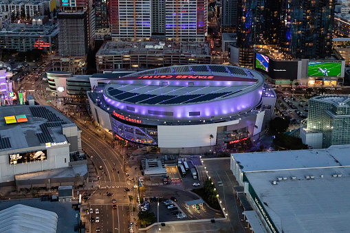 An aerial view of the Staples Center in downtown Los Angeles photographed from a helicopter at twilight