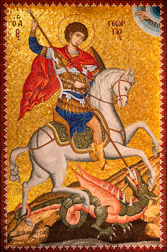St. George on horseback with a spear made in the mosaic at Saint Anthony Greek Orthodox Monastery in Florence, Arizona.