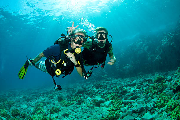istock Scuba diver giving a peace sign over another diver's head  121245668